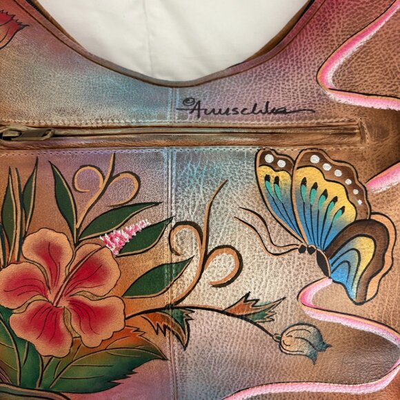 Anuschka Hand Painted Leather Satchel Bag Butterfly Floral Shoulder Bag - Picture 7 of 12